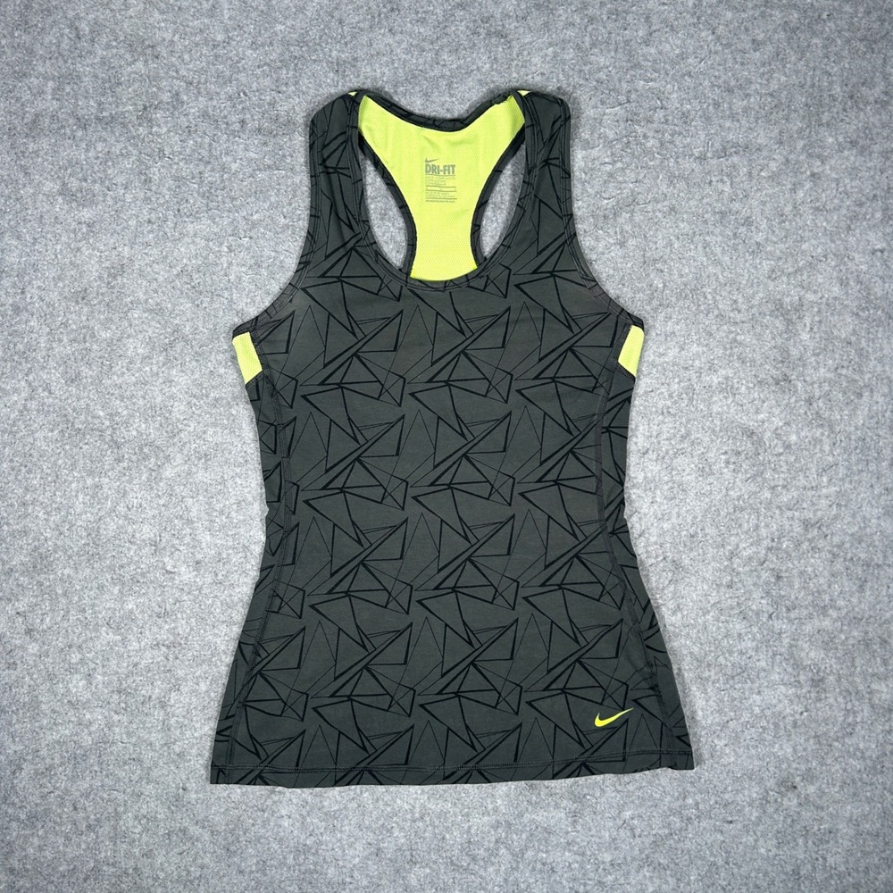 Nike Tank Top Womens Medium Gray Neon Green Geometric Dri-Fit Athletic Running